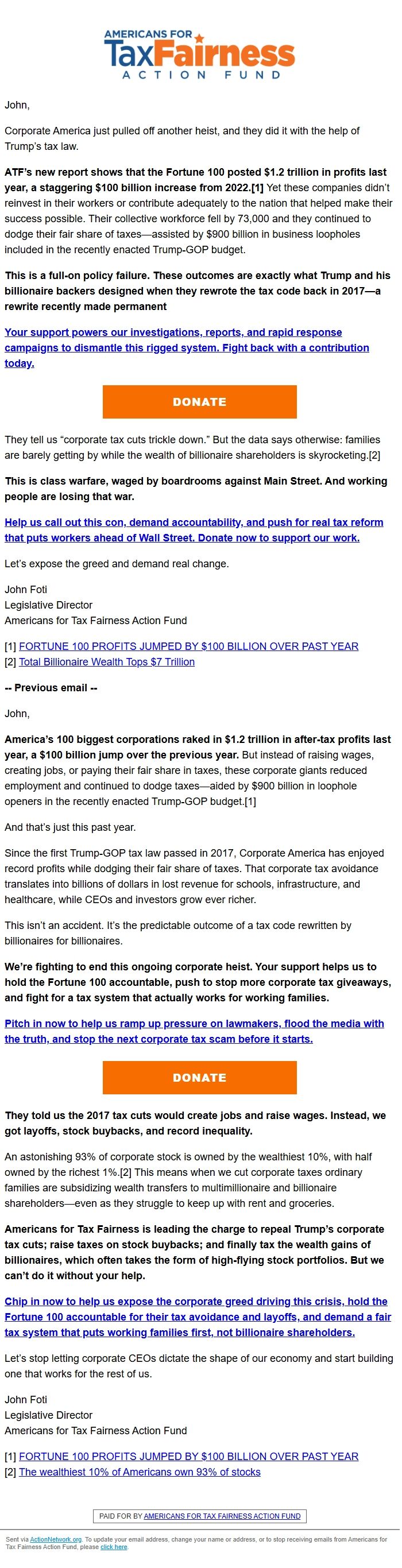 Screenshot of the email generated on import