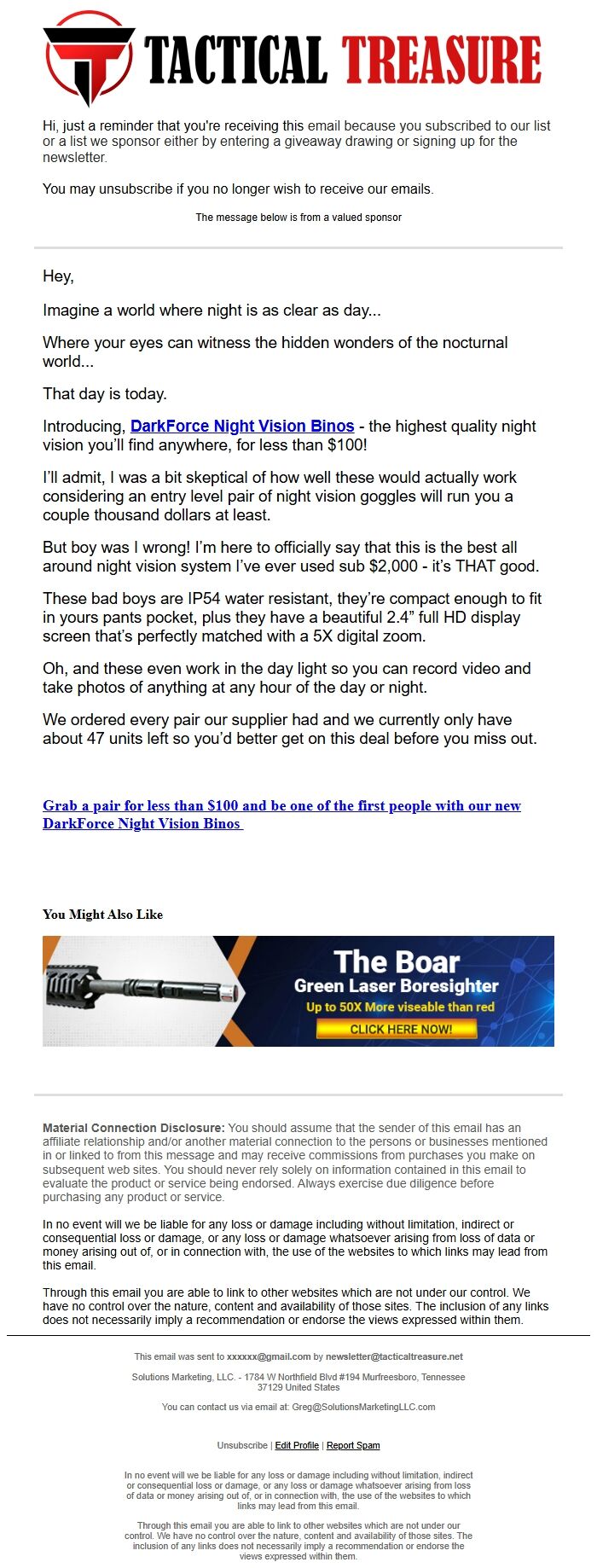 Screenshot of the email generated on import