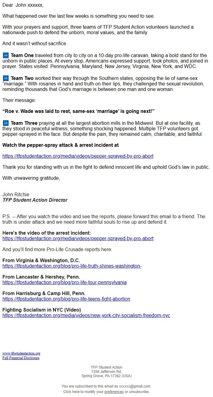 Screenshot of the email generated on import