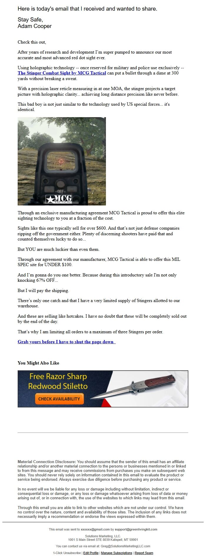 Screenshot of the email generated on import