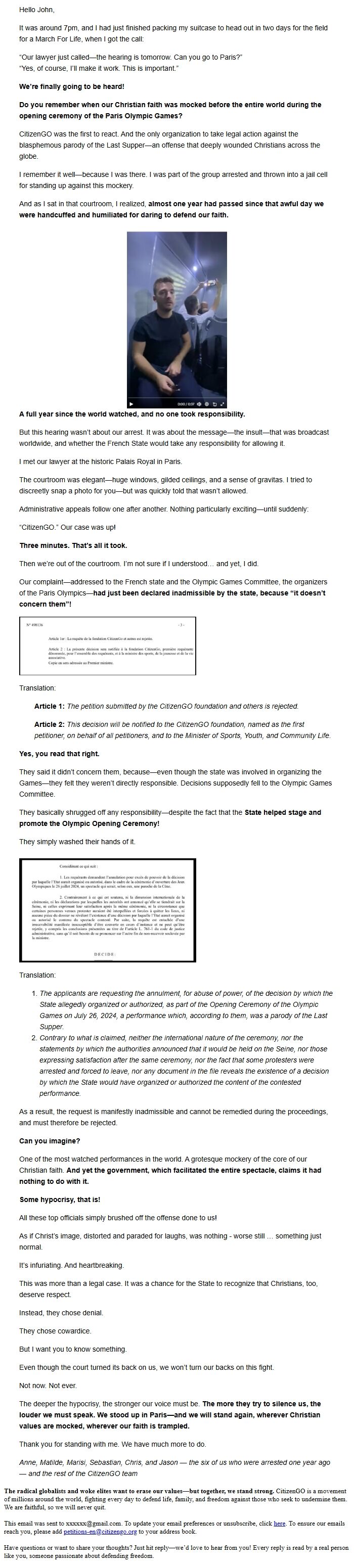 Screenshot of the email generated on import