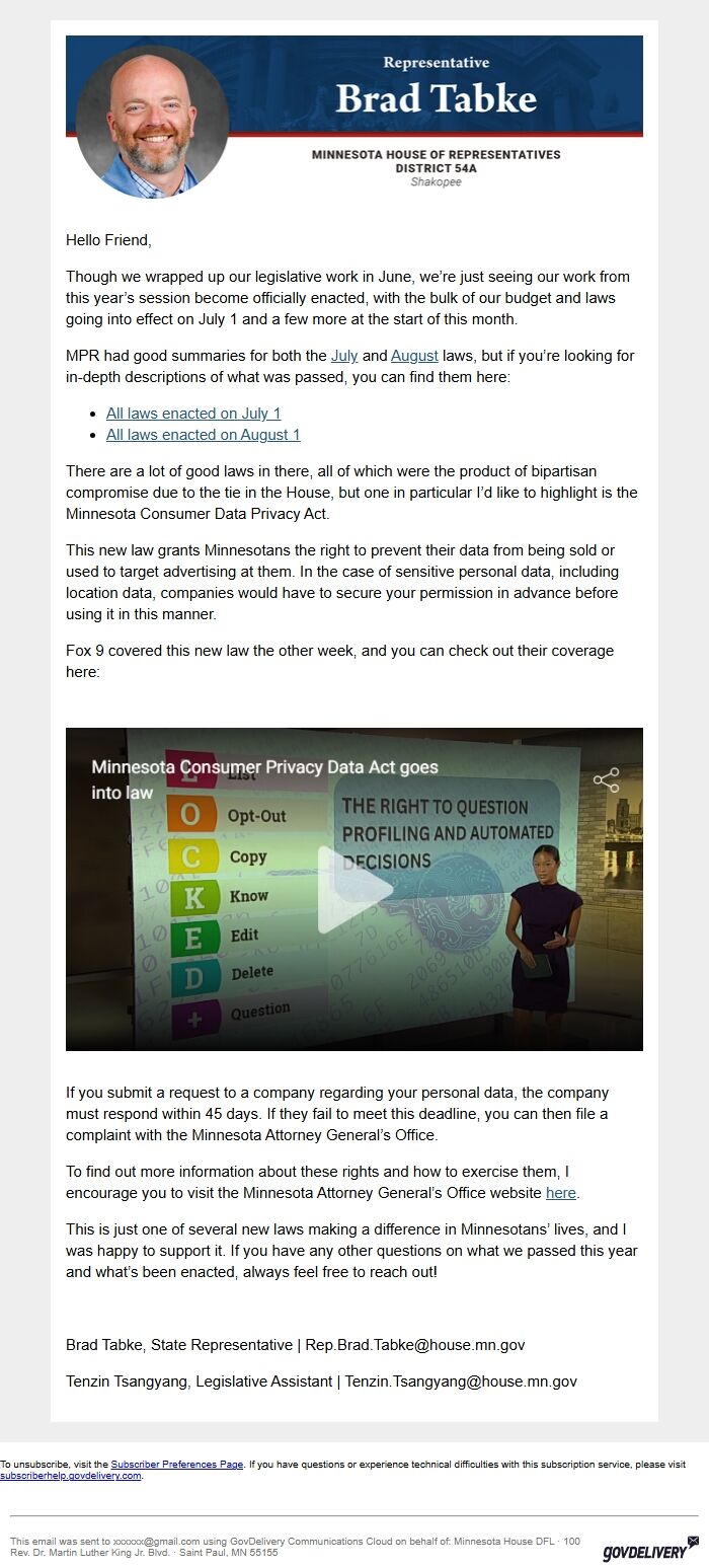 Screenshot of the email generated on import