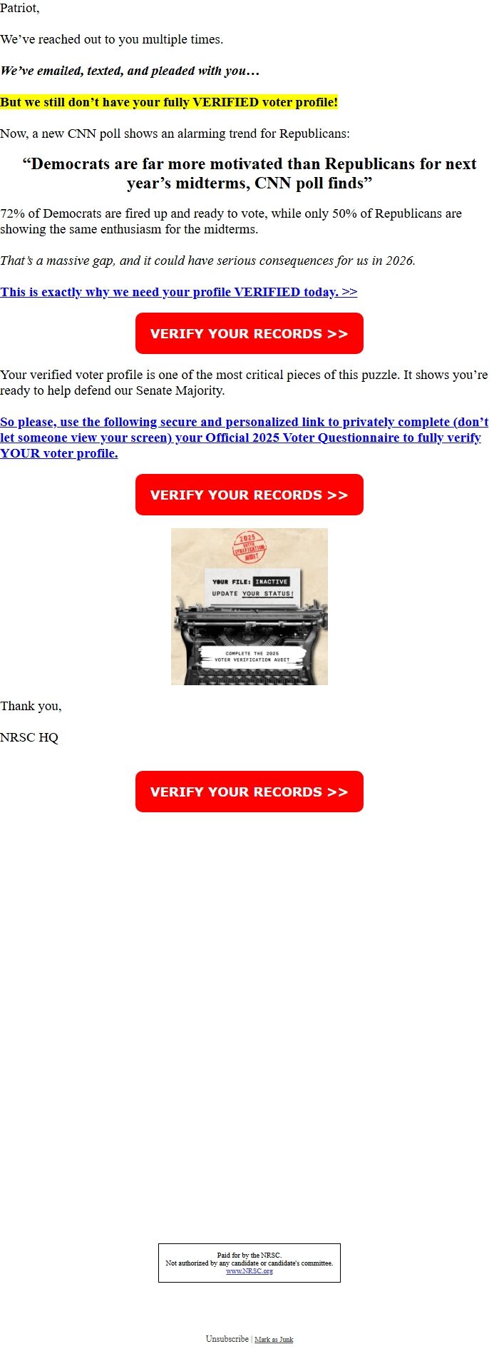 Screenshot of the email generated on import