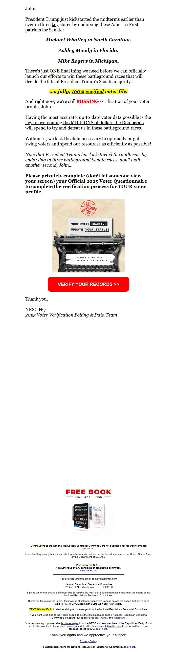Screenshot of the email generated on import