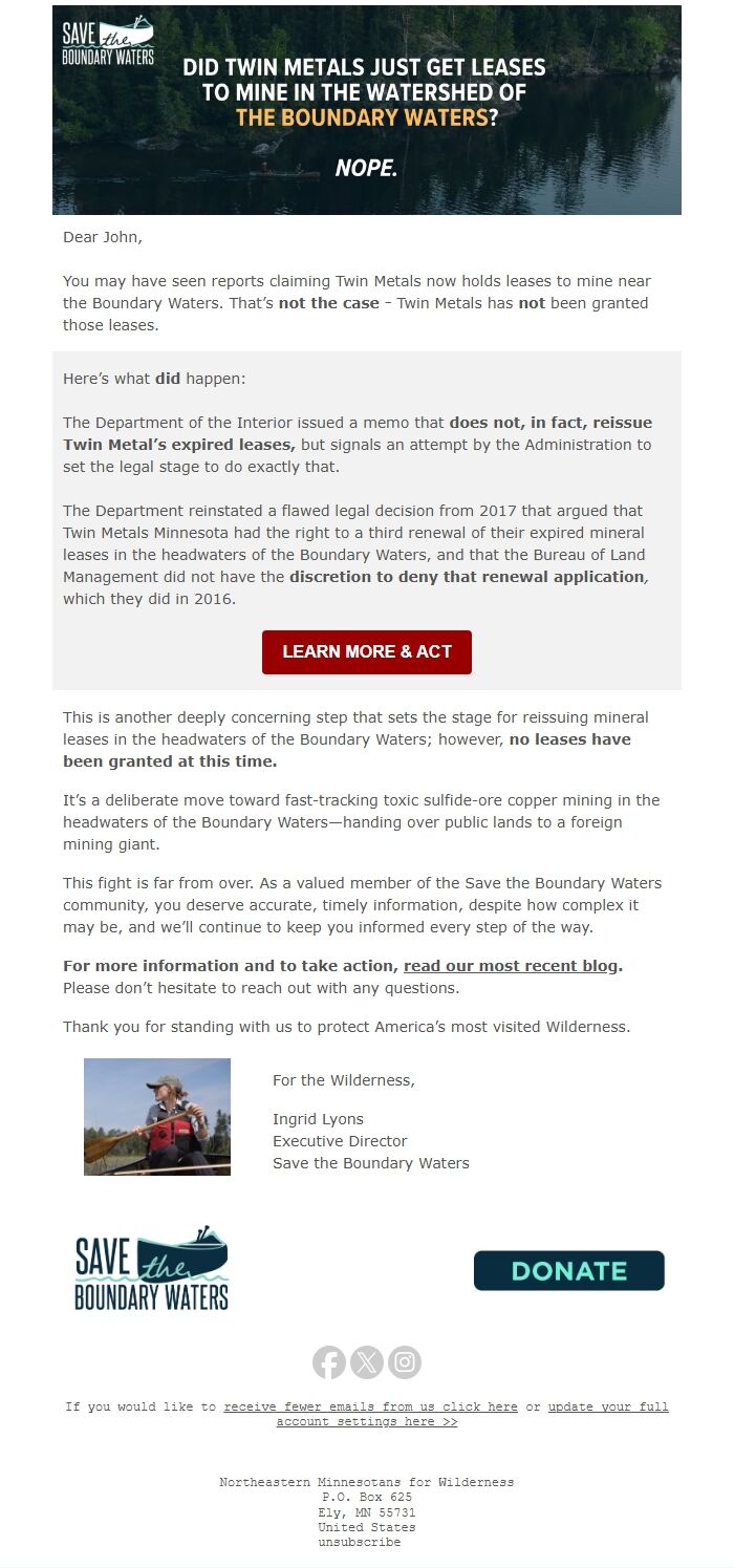 Screenshot of the email generated on import