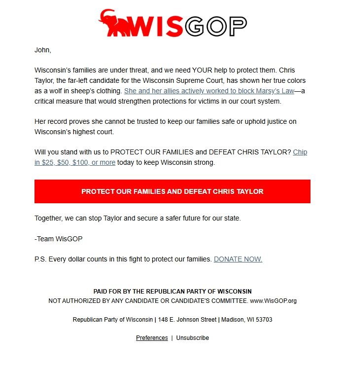 Screenshot of the email generated on import