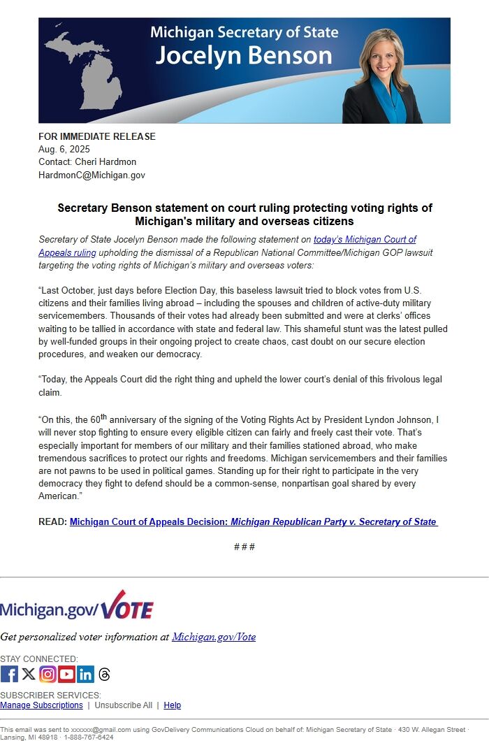 Screenshot of the email generated on import