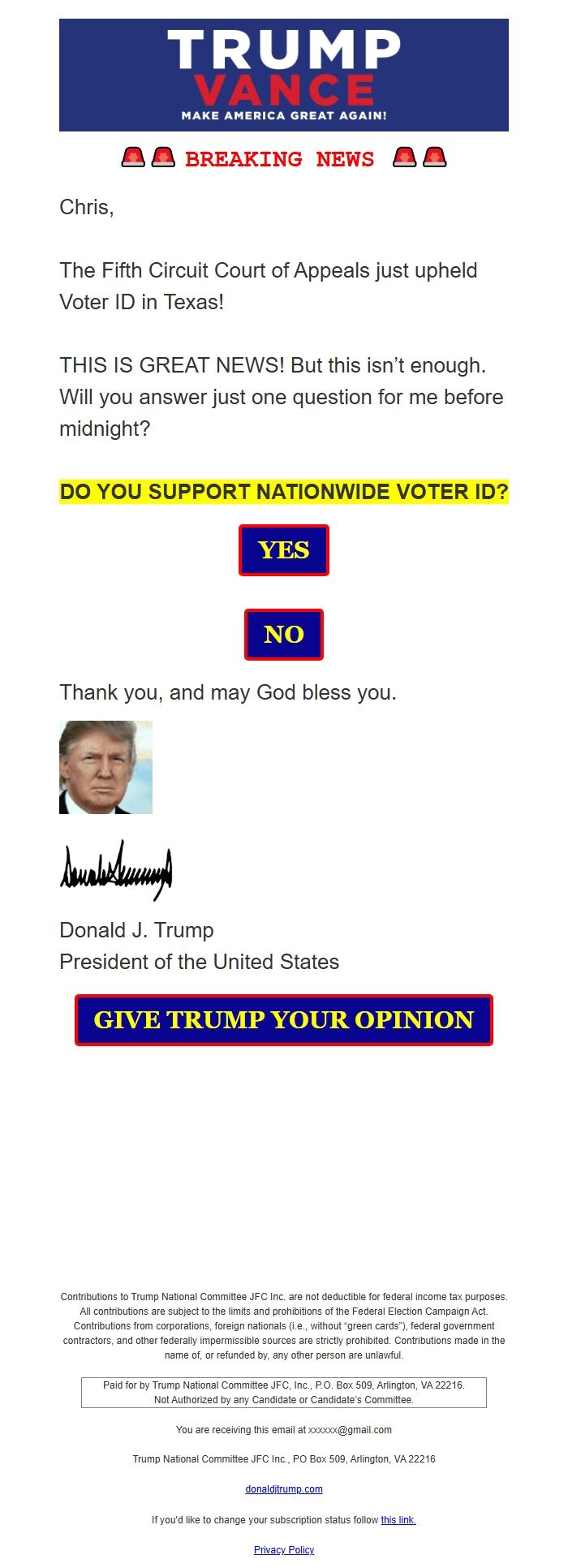 Screenshot of the email generated on import