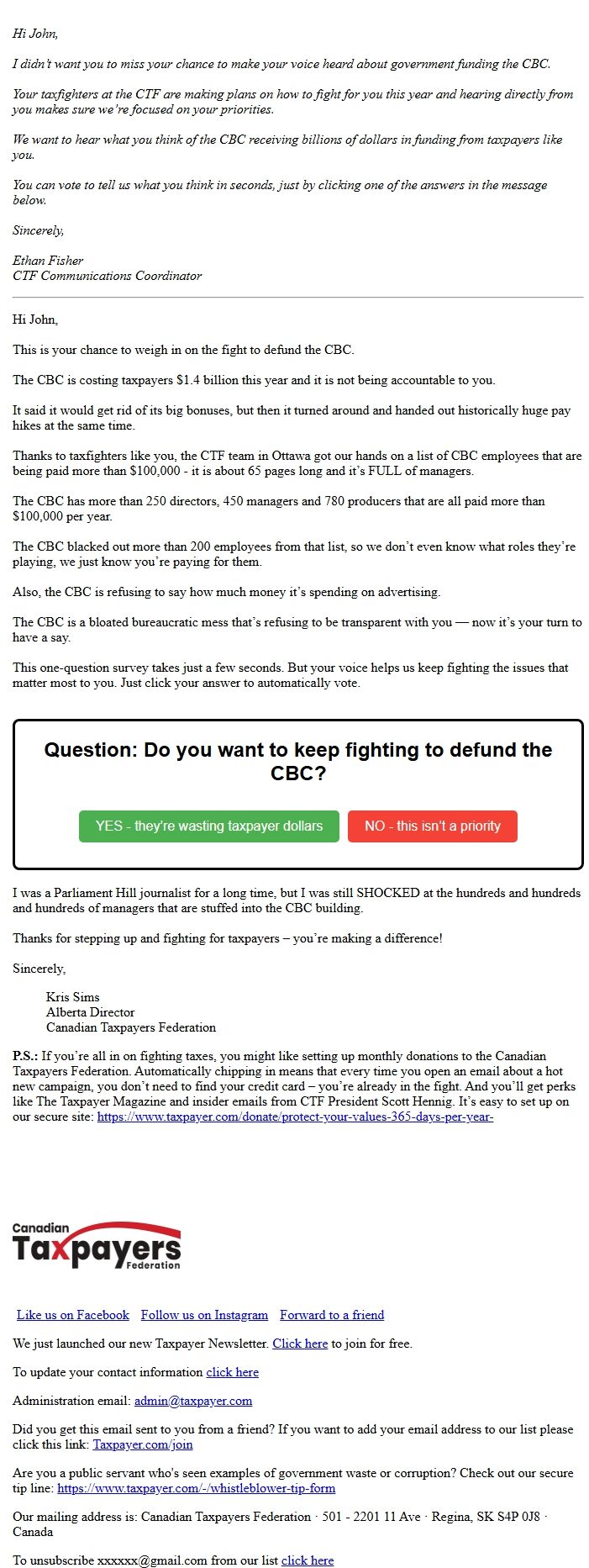 Screenshot of the email generated on import