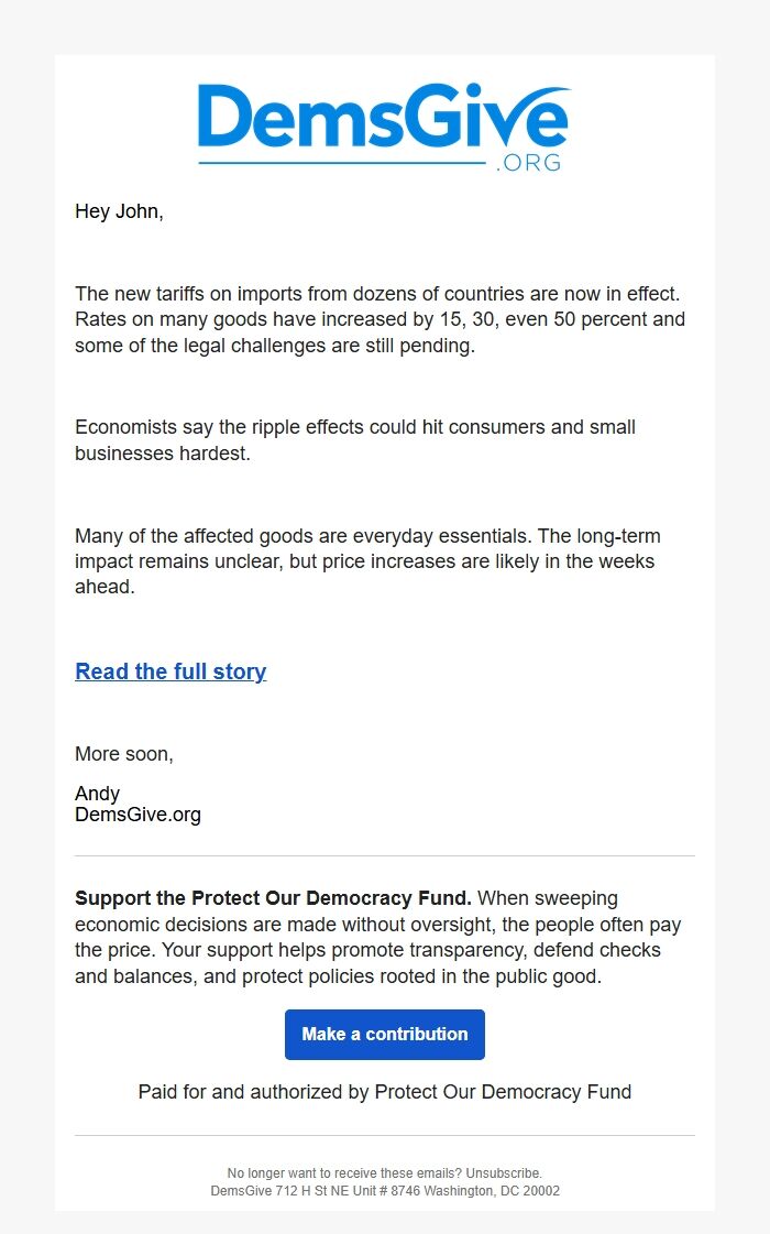 Screenshot of the email generated on import