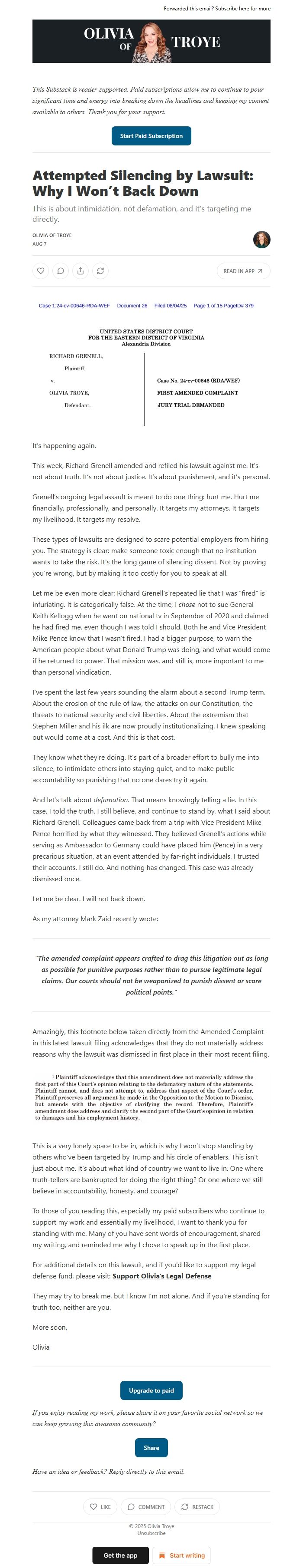 Screenshot of the email generated on import
