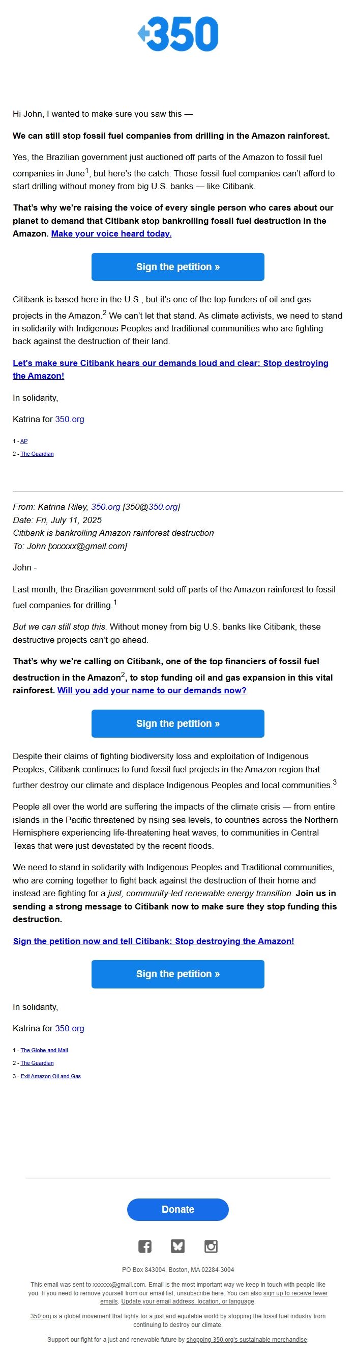 Screenshot of the email generated on import
