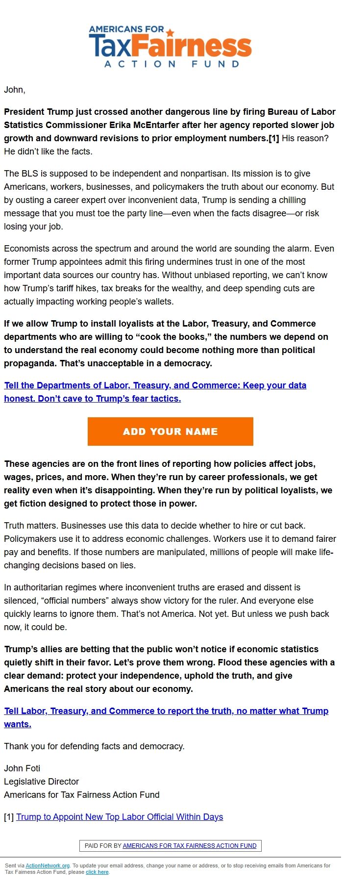 Screenshot of the email generated on import