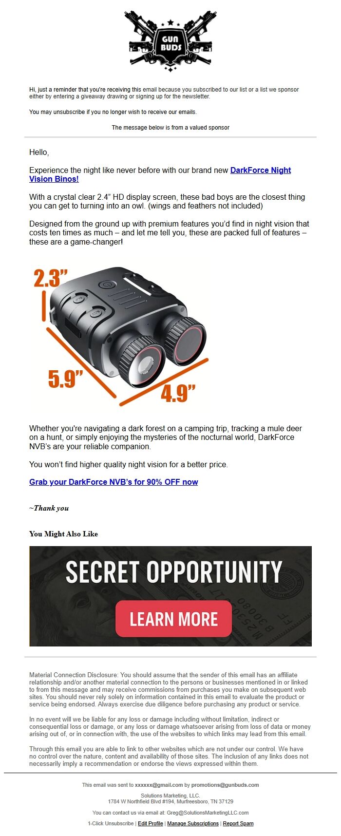 Screenshot of the email generated on import