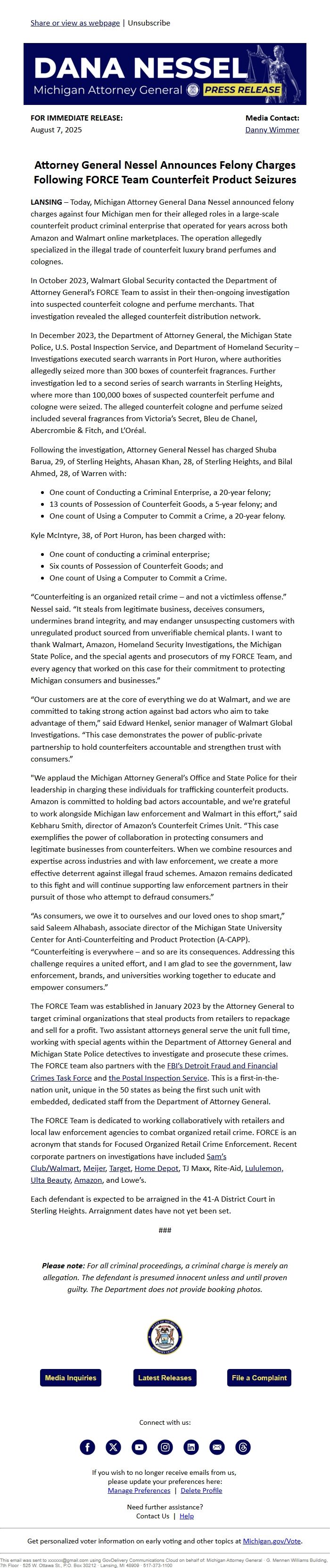 Screenshot of the email generated on import