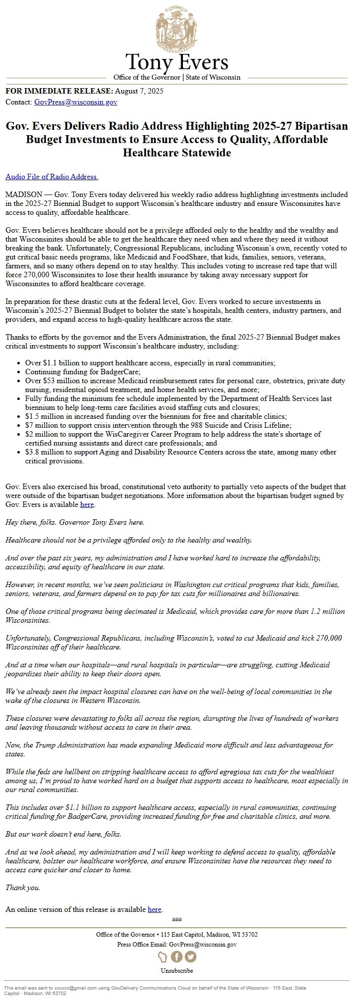 Screenshot of the email generated on import