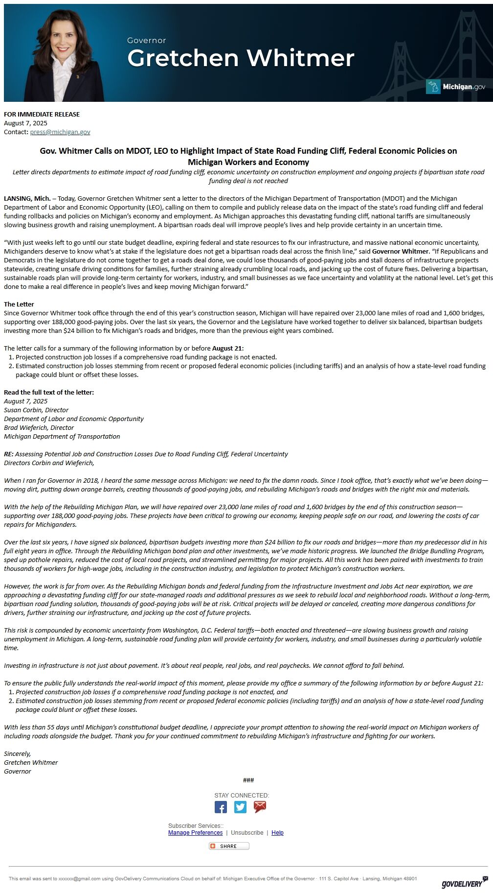 Screenshot of the email generated on import