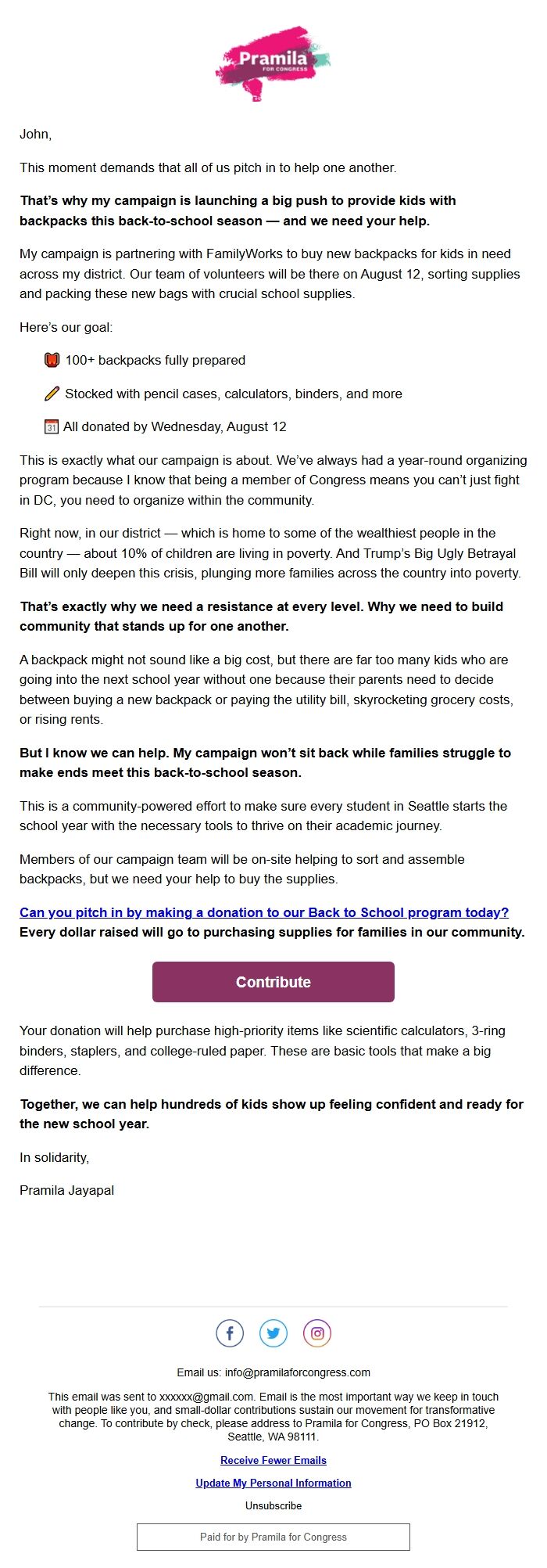 Screenshot of the email generated on import