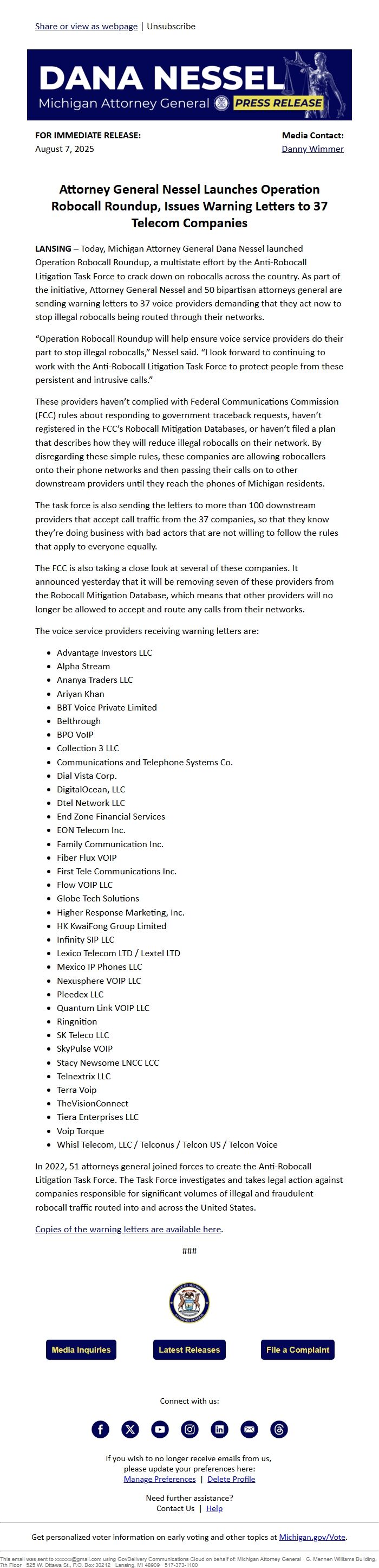 Screenshot of the email generated on import