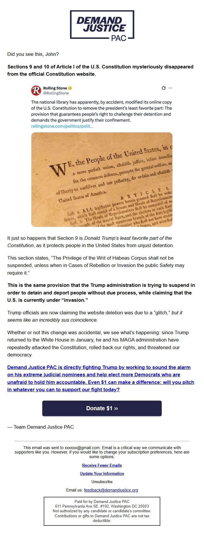 Screenshot of the email generated on import
