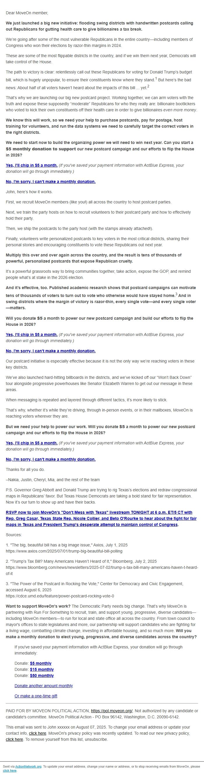 Screenshot of the email generated on import