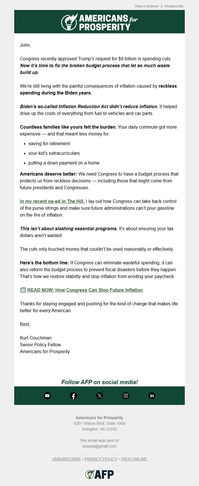 Screenshot of the email generated on import