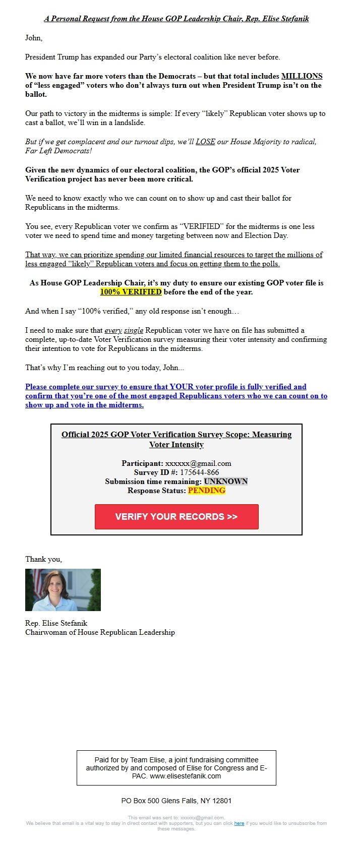 Screenshot of the email generated on import