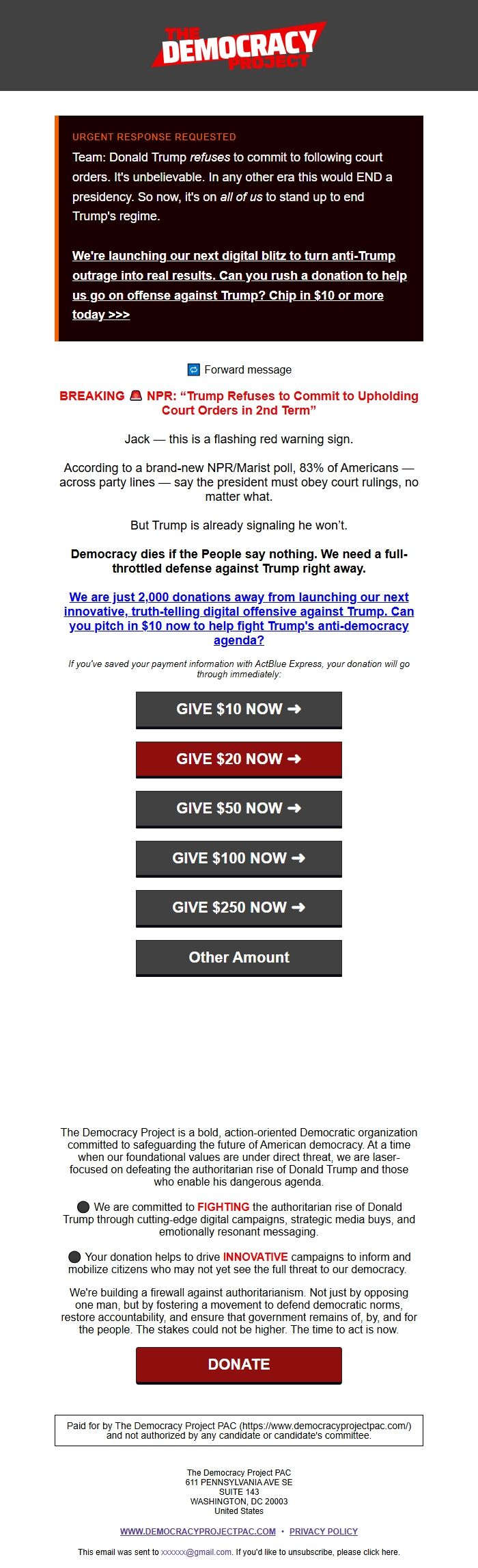 Screenshot of the email generated on import