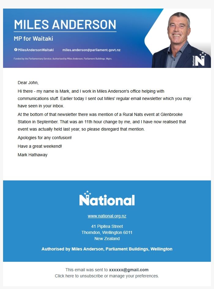 Screenshot of the email generated on import