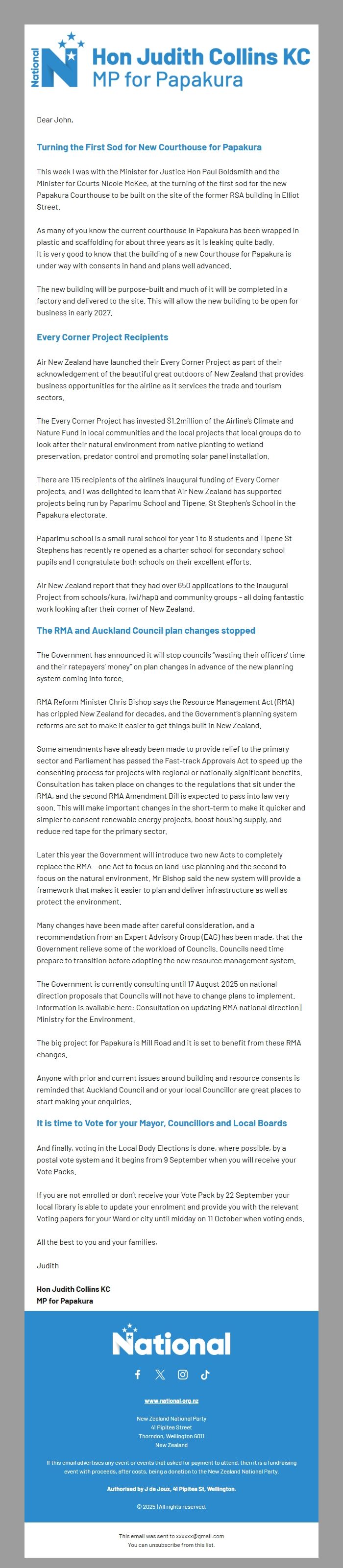 Screenshot of the email generated on import