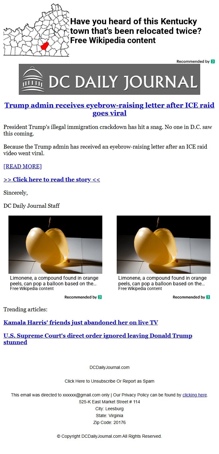 Screenshot of the email generated on import