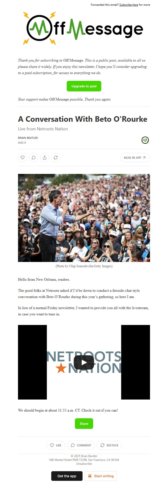 Screenshot of the email generated on import