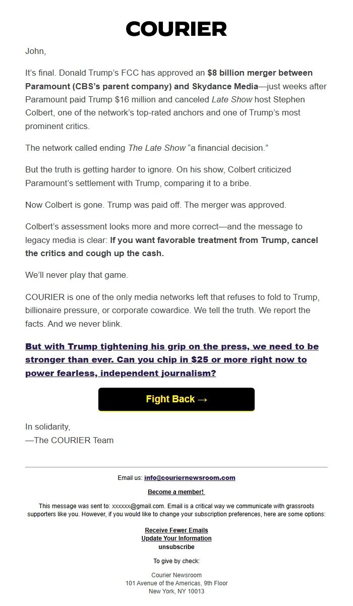 Screenshot of the email generated on import