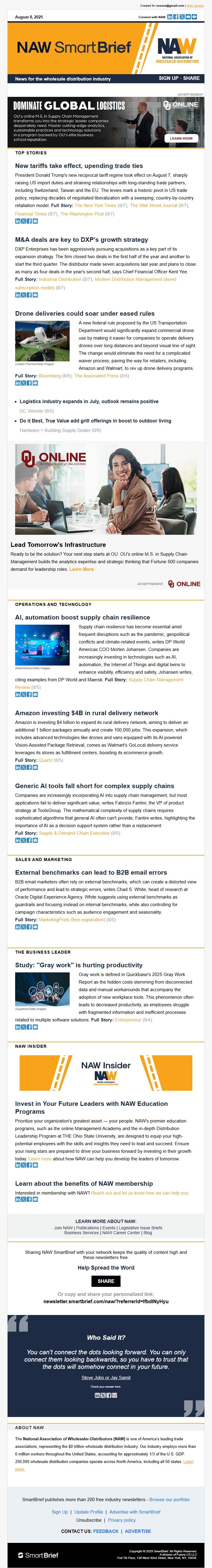Screenshot of the email generated on import