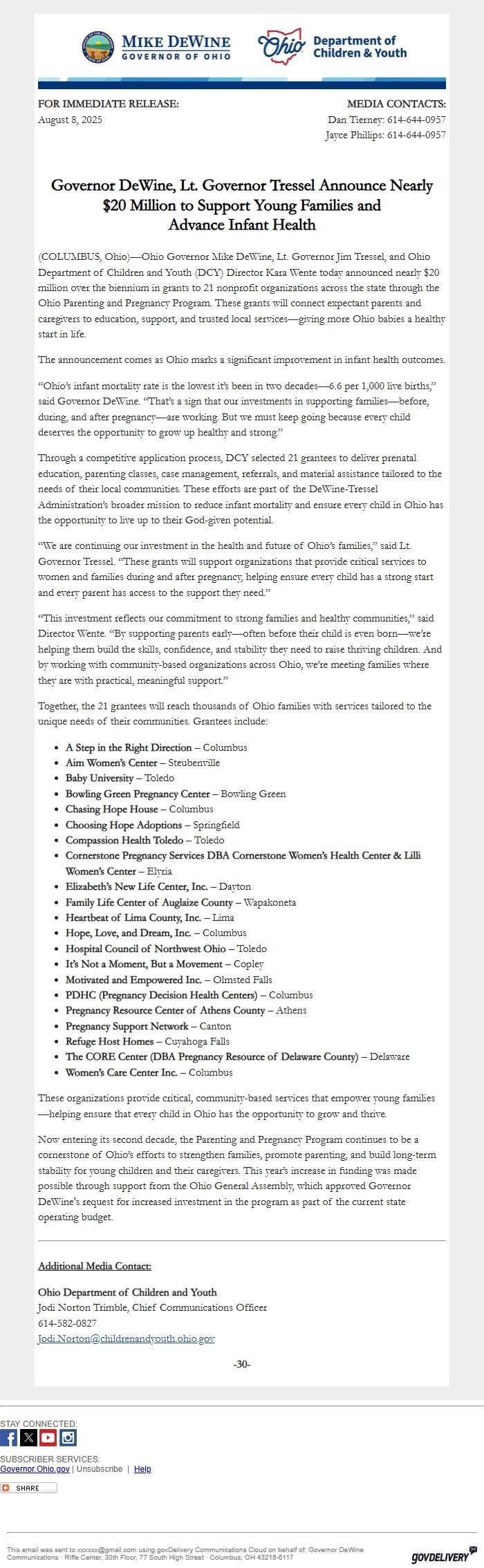 Screenshot of the email generated on import