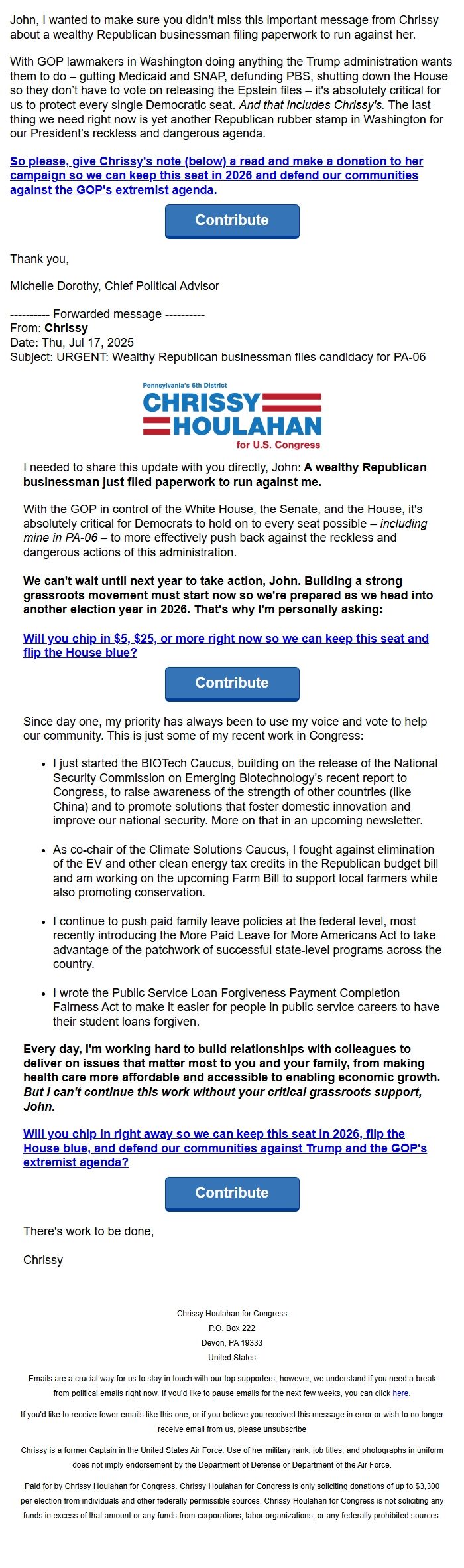 Screenshot of the email generated on import