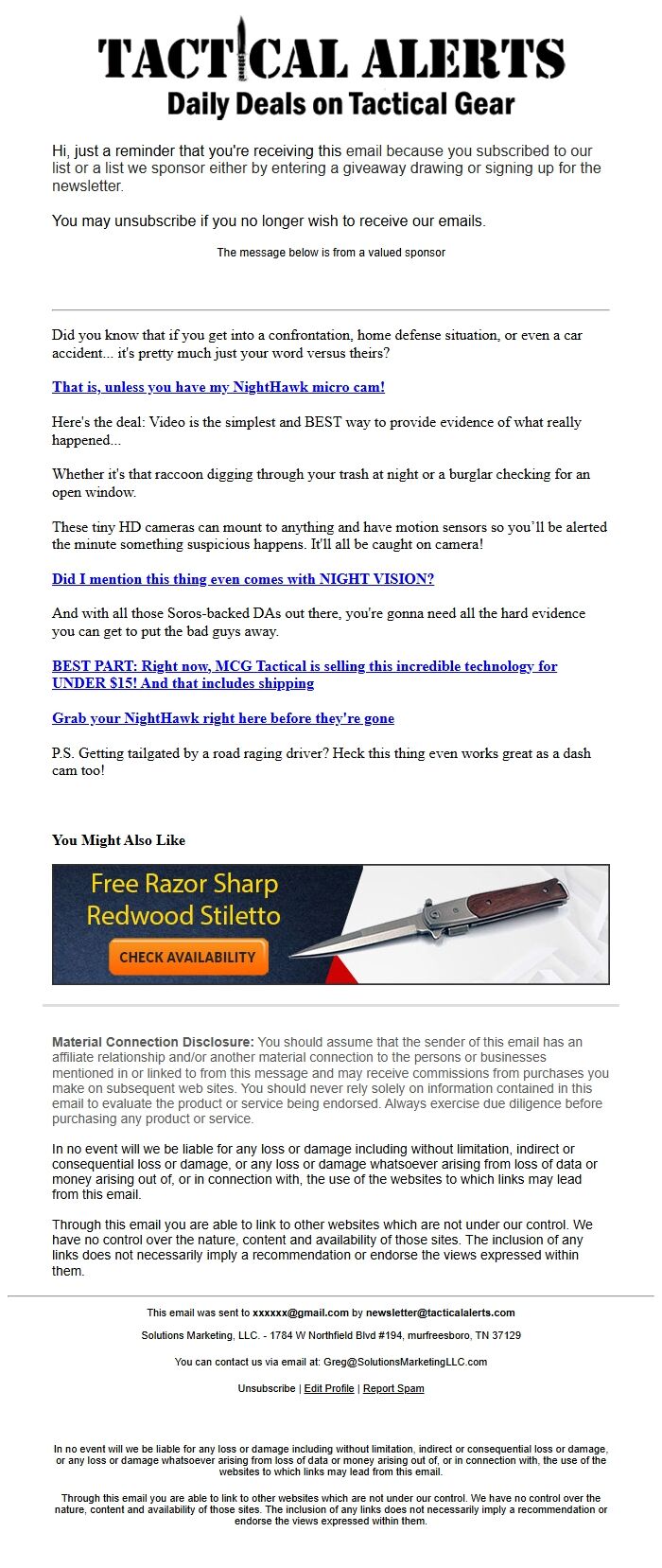 Screenshot of the email generated on import