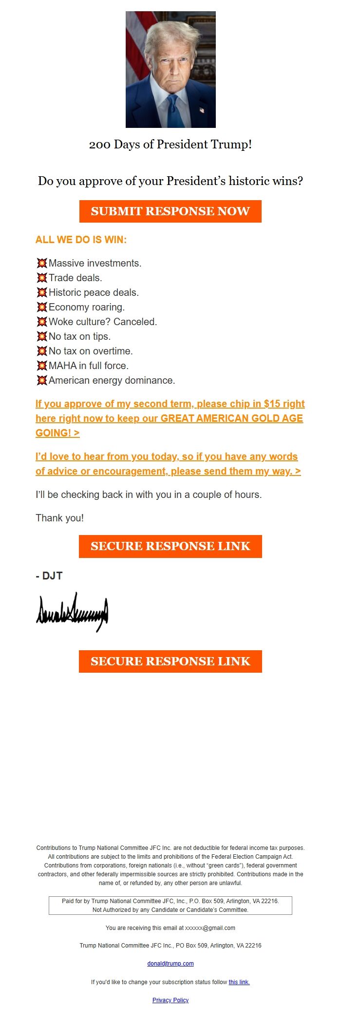 Screenshot of the email generated on import