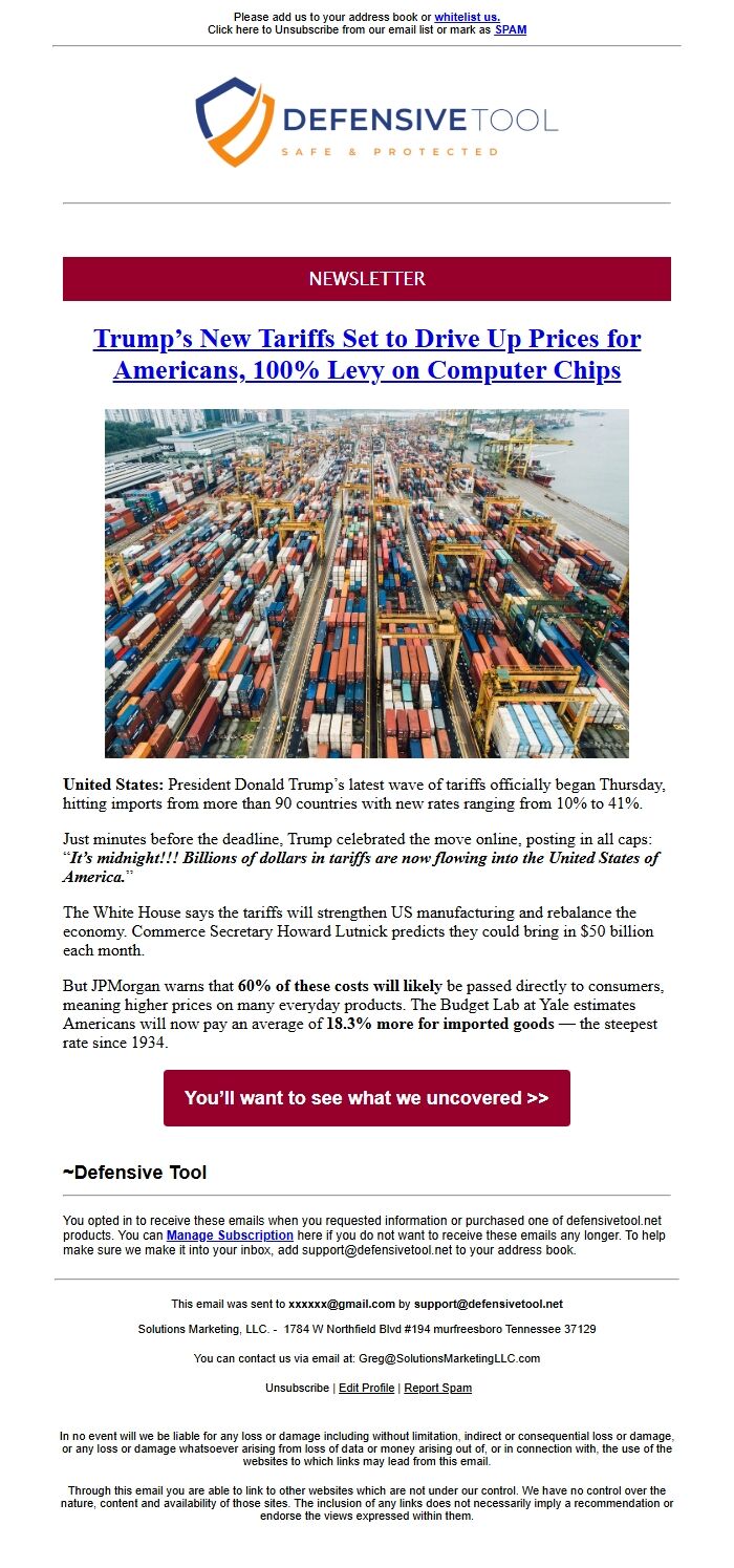Screenshot of the email generated on import