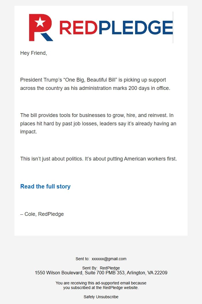 Screenshot of the email generated on import