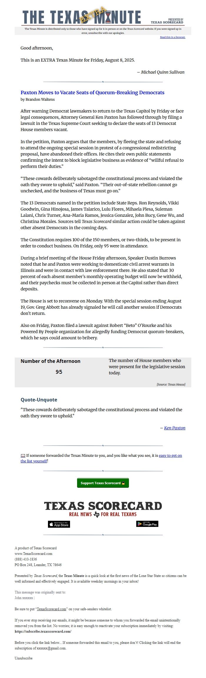 Screenshot of the email generated on import
