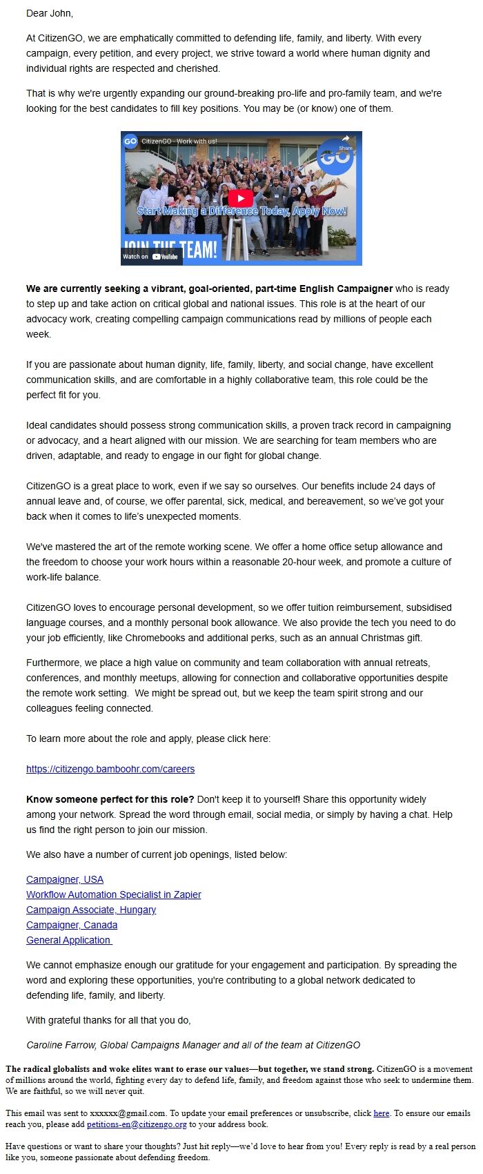 Screenshot of the email generated on import