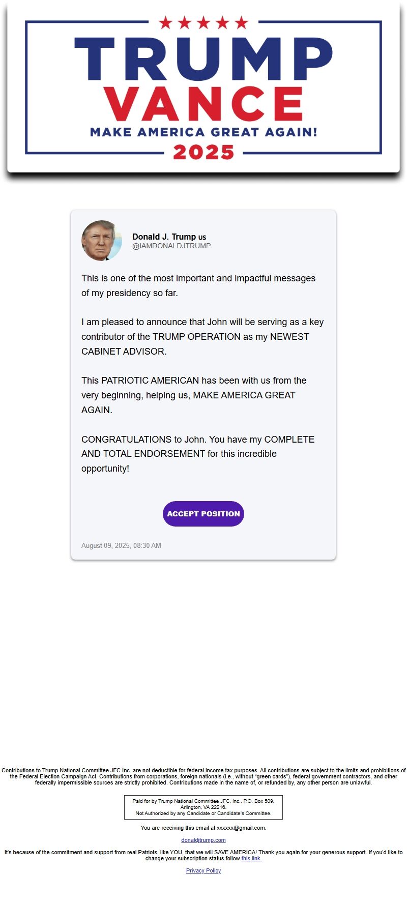 Screenshot of the email generated on import