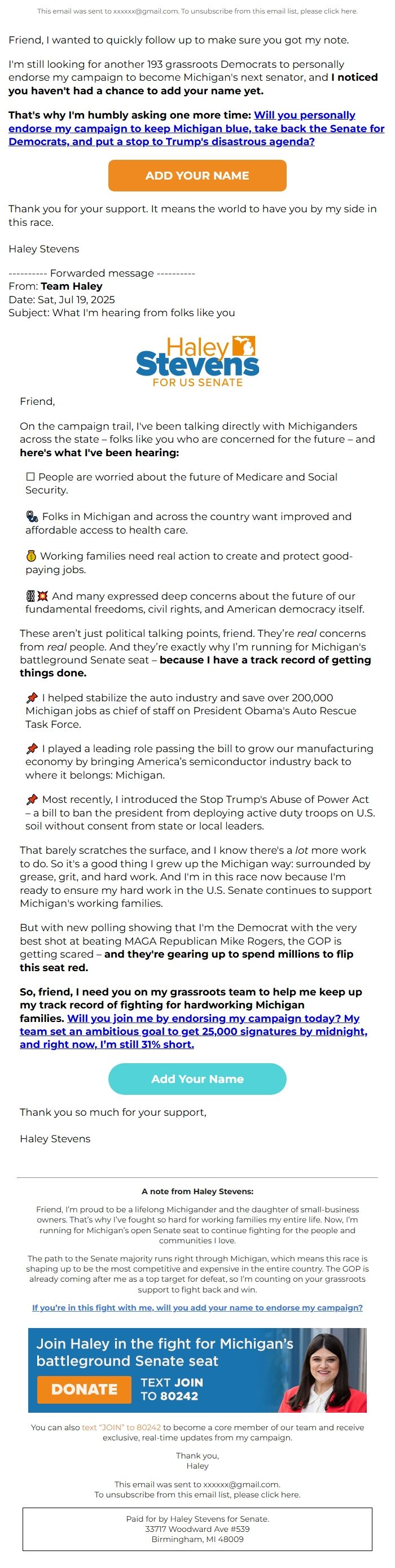 Screenshot of the email generated on import