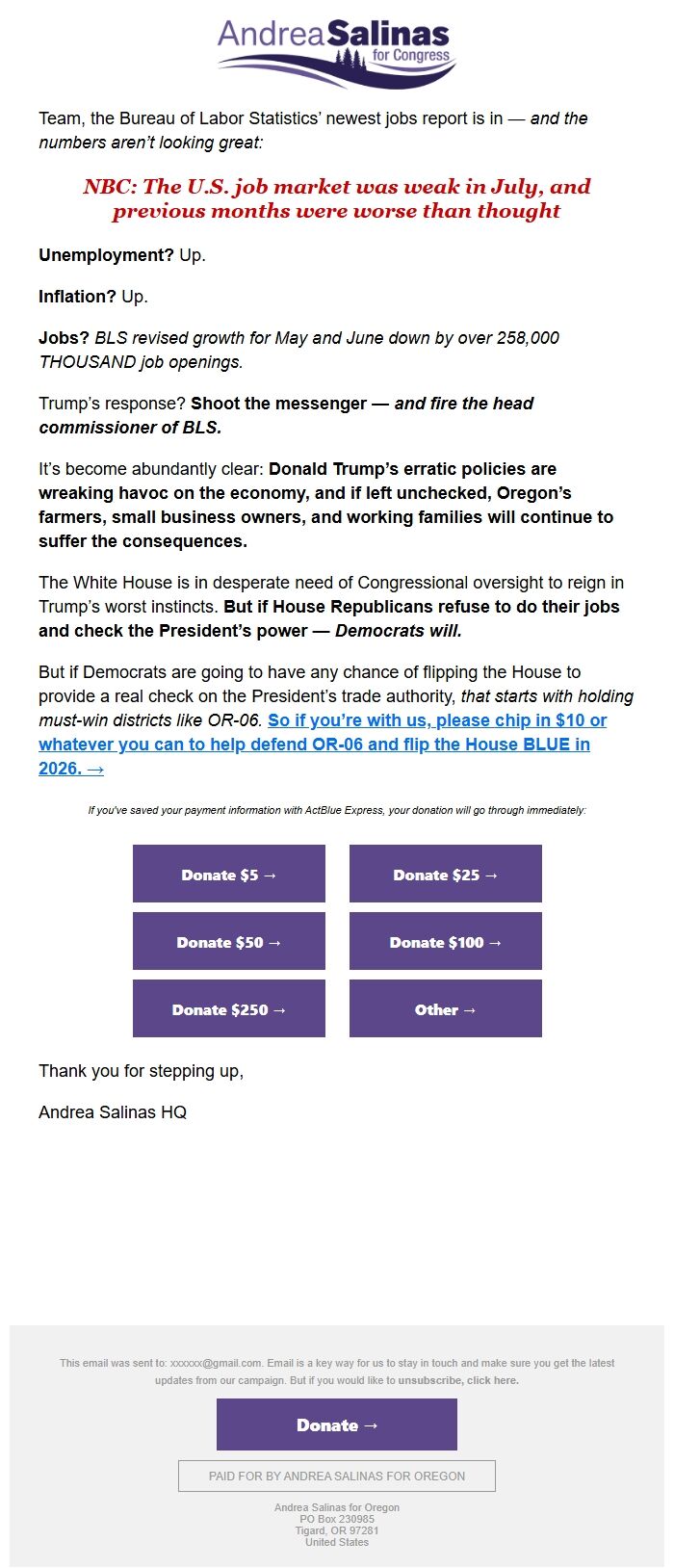 Screenshot of the email generated on import