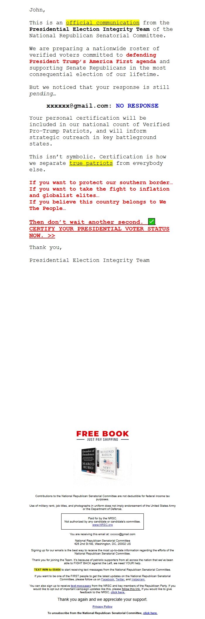 Screenshot of the email generated on import