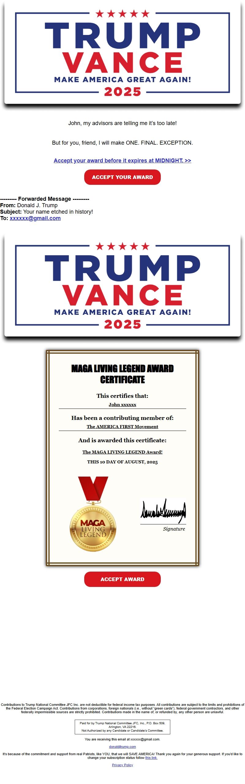 Screenshot of the email generated on import