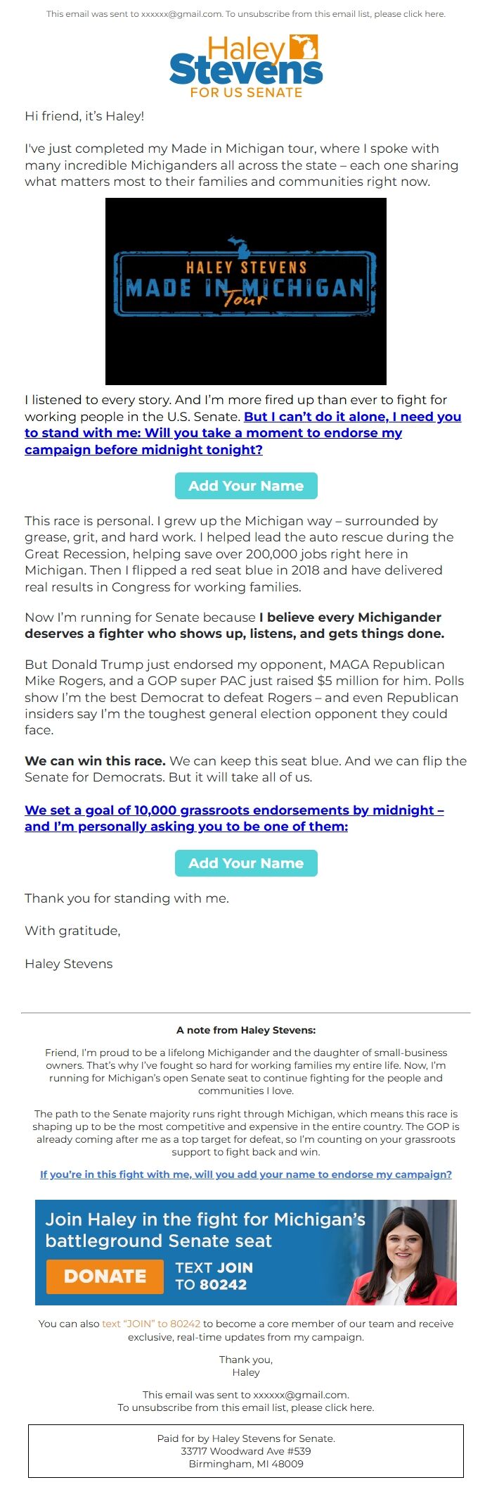 Screenshot of the email generated on import