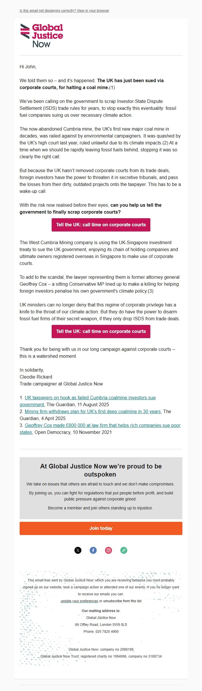Screenshot of the email generated on import
