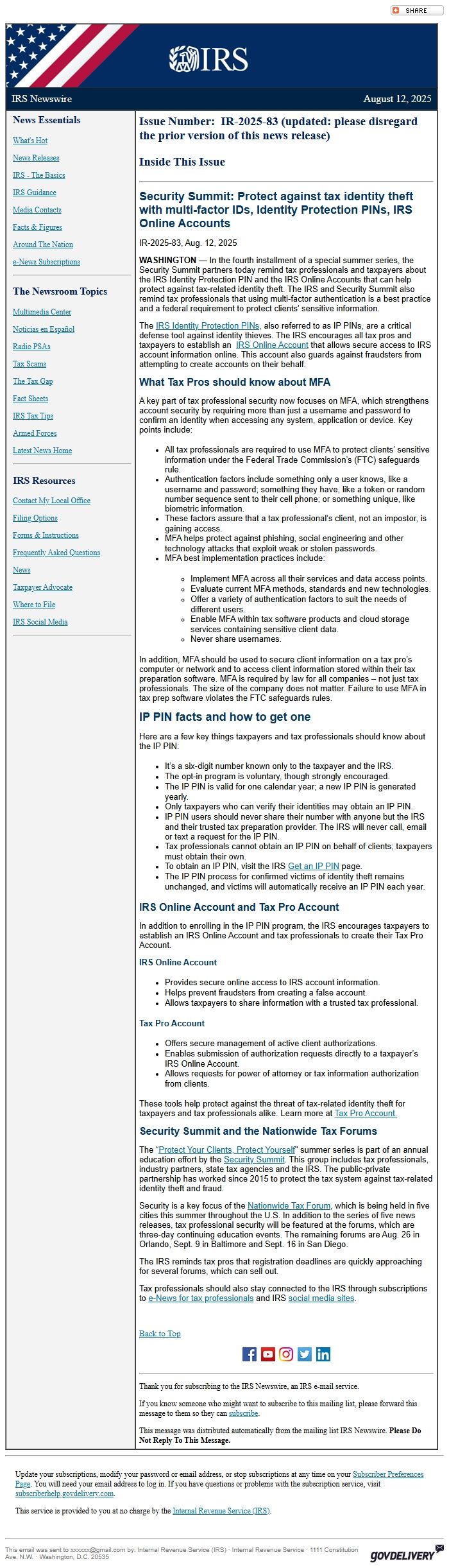 Screenshot of the email generated on import